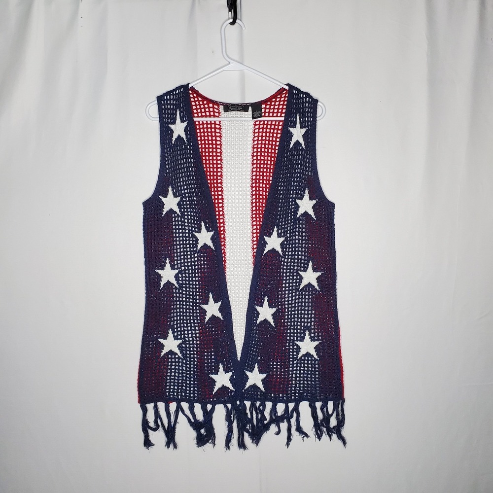 Crystal Kobe Crochet Vest Overlay Large USA Patriotic Stars Stripe Sparkle Party